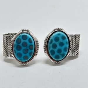 Silver Mesh Cufflinks, Funky Dotted Stones, Medium Blue & Dark Blue, Hallmarked